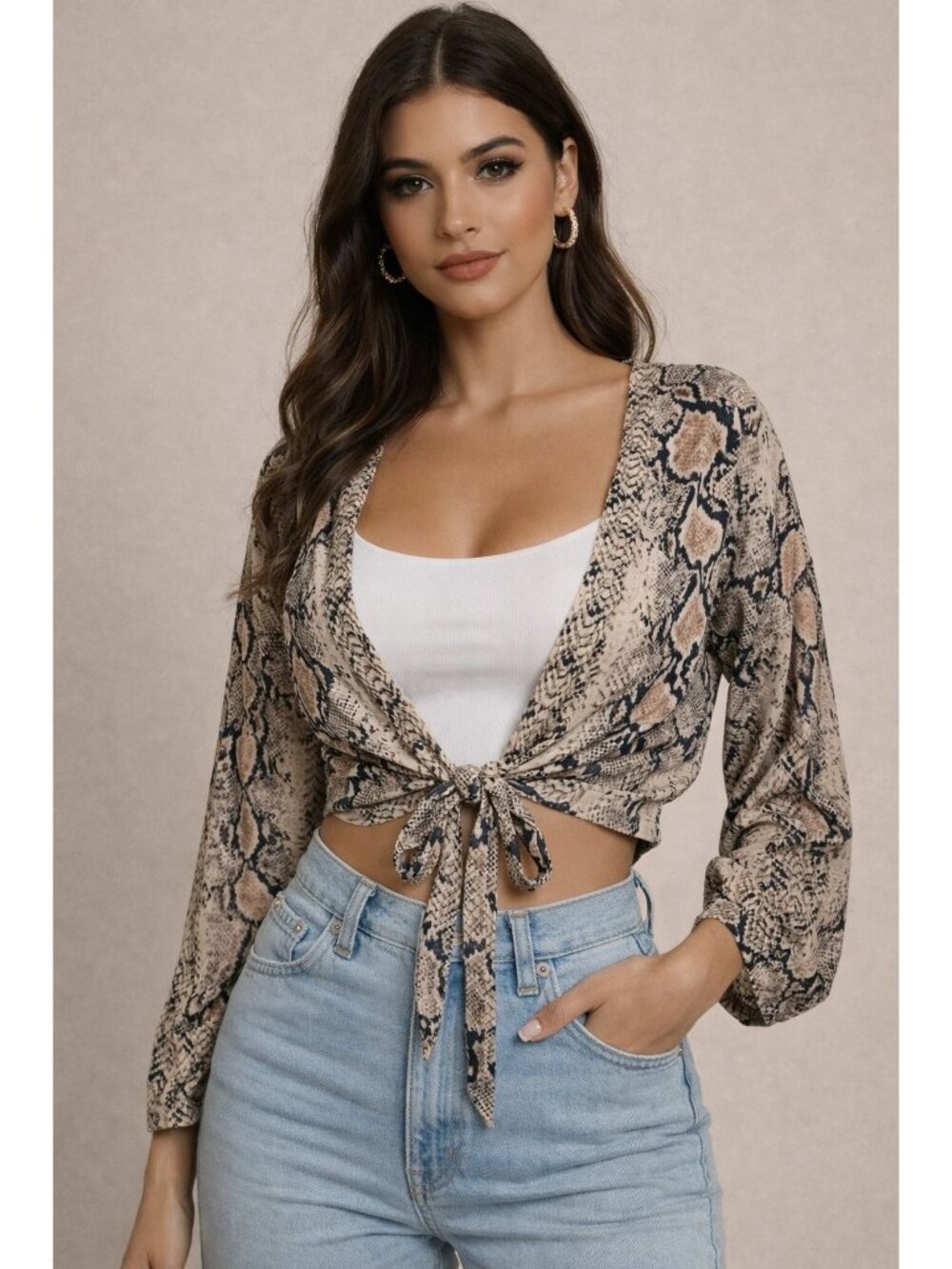 Pretty Little Thing Shirt Womens Sinez 6 Snake Print Tie Front Bell Crop Top
